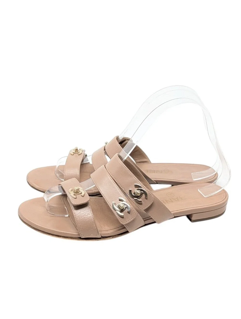 Chanel Beige Nude Interlocking CC Silver Turnlock Slide Mule Sandals Size EU 39